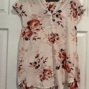 Ardene Blush Floral Short Sleeve Blouse XL Curved Hem
